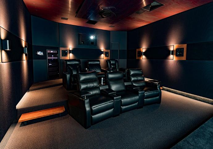 Large Home cinema room with two tier seating