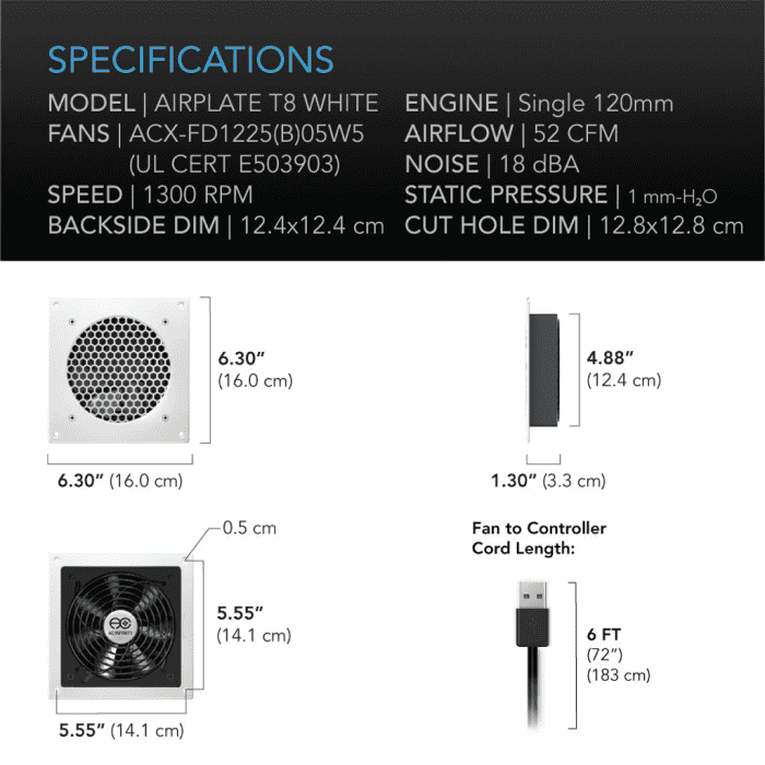 Airplate T8 White Fan Dimensions